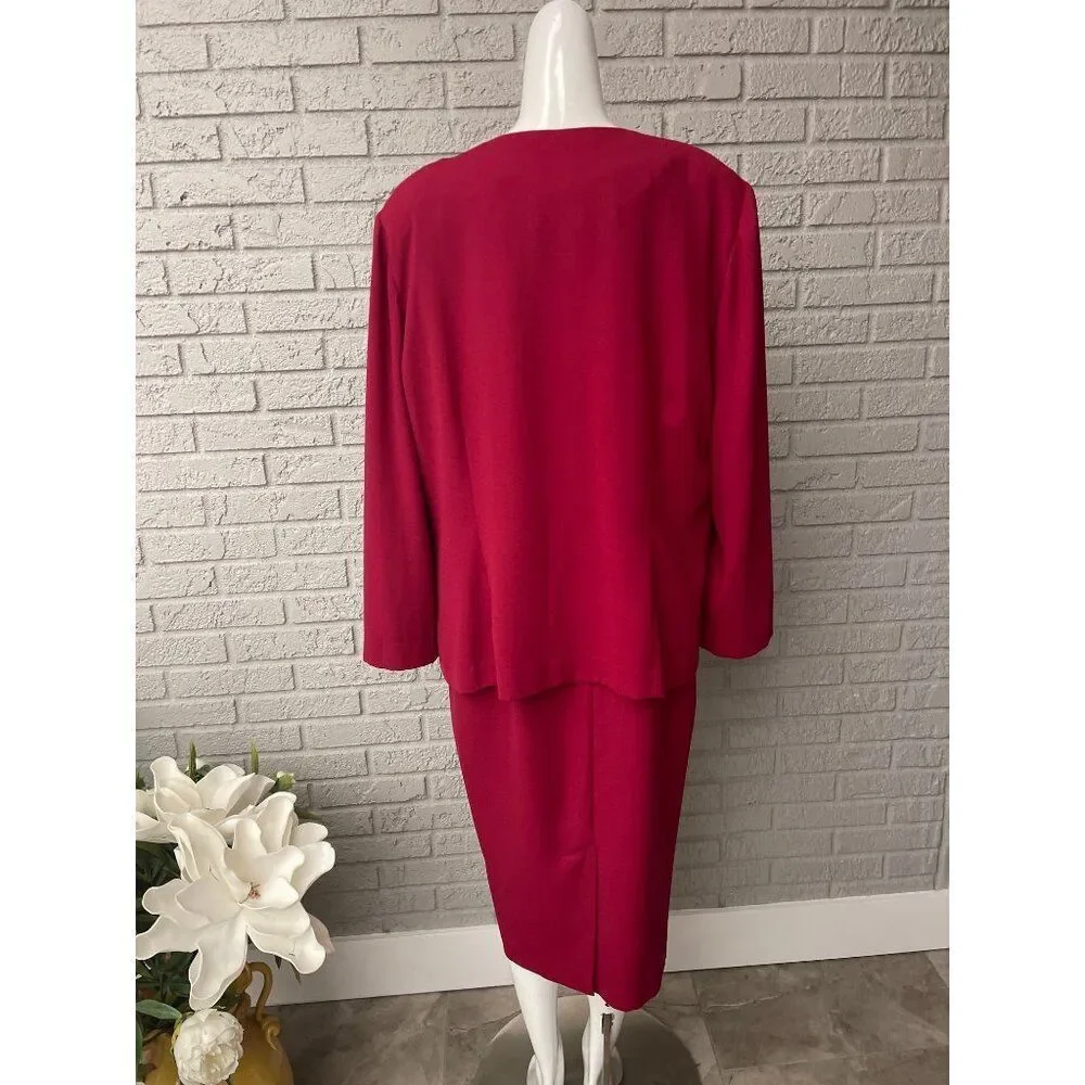 Leslie Fay Women Short Sleeve Red Dress With Asymmetric Trim Jacket 2 Pcs Set Si